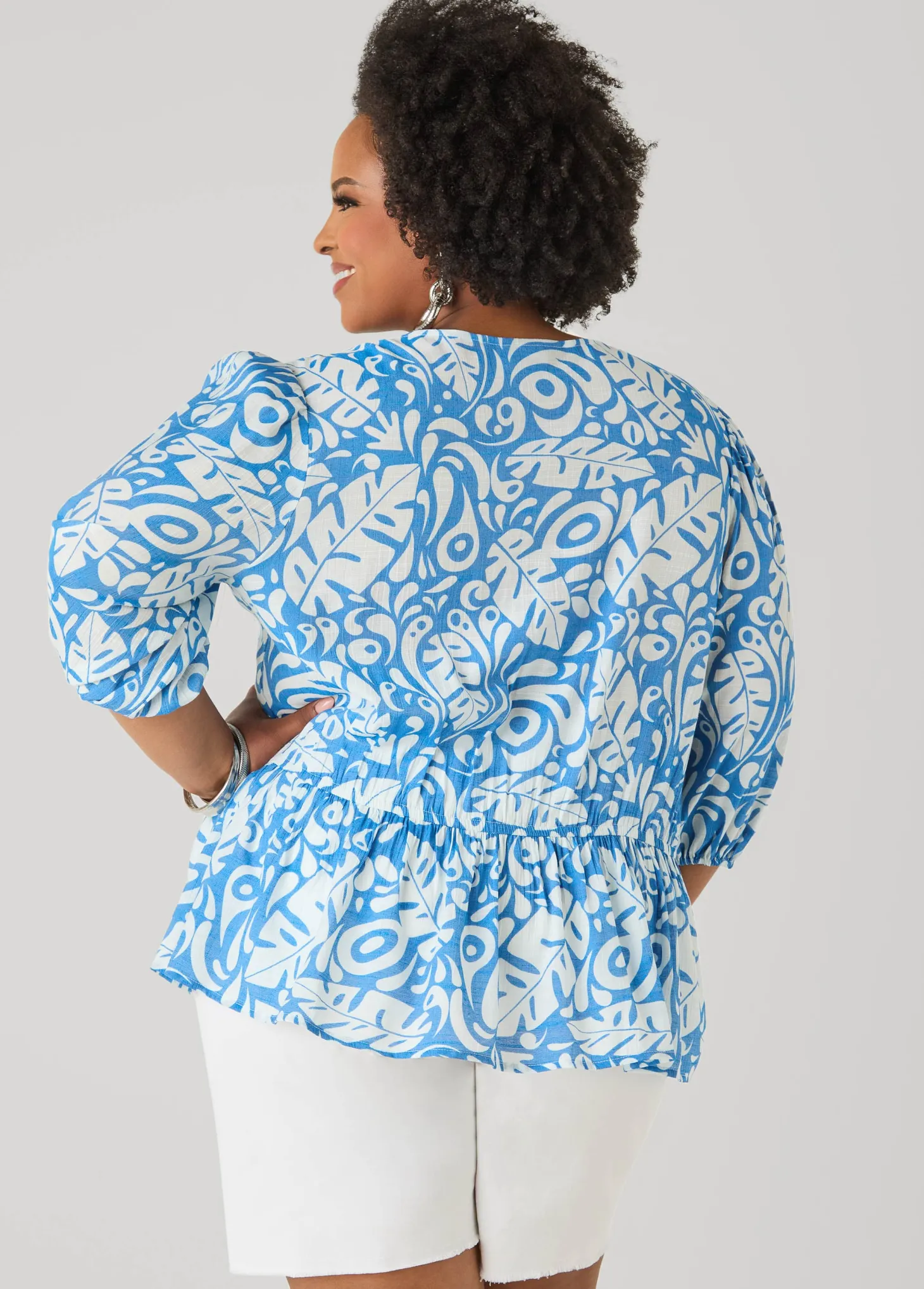 Beaded Leaf Print Peplum Blouse