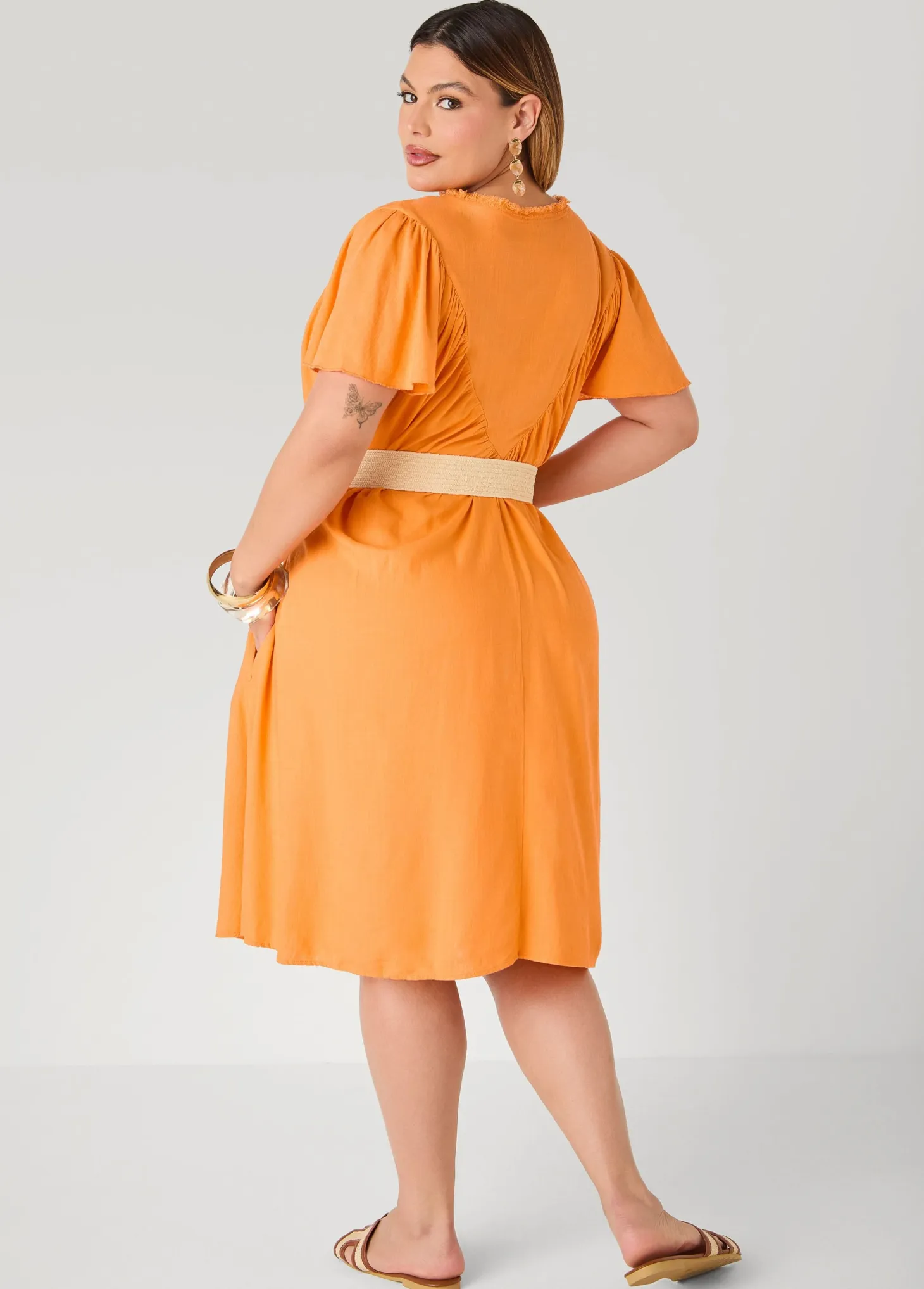 Belted Pintucked Linen Blend Dress