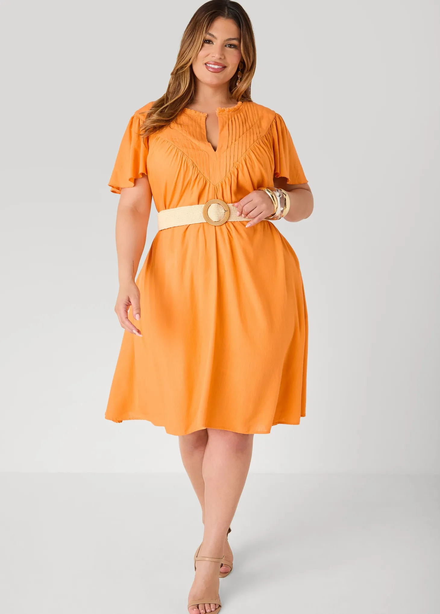 Belted Pintucked Linen Blend Dress
