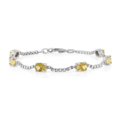 Birthstone Bracelet in Sterling Silver, Oval Cut 5*7mm, 7 Inches with an Extender, 12 Gemstone Options, Gift Box Included - April, White Zircon