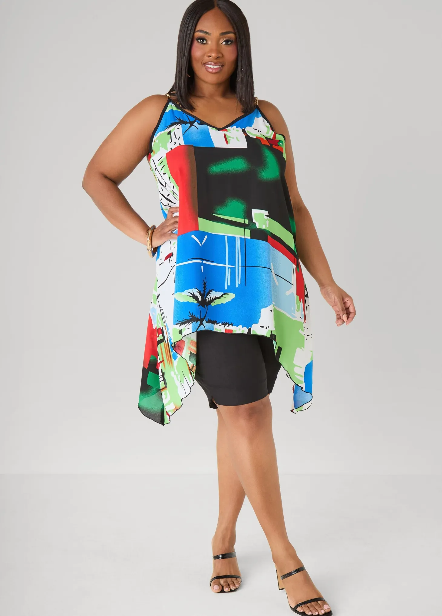 Chain Trimmed Abstract Print Top