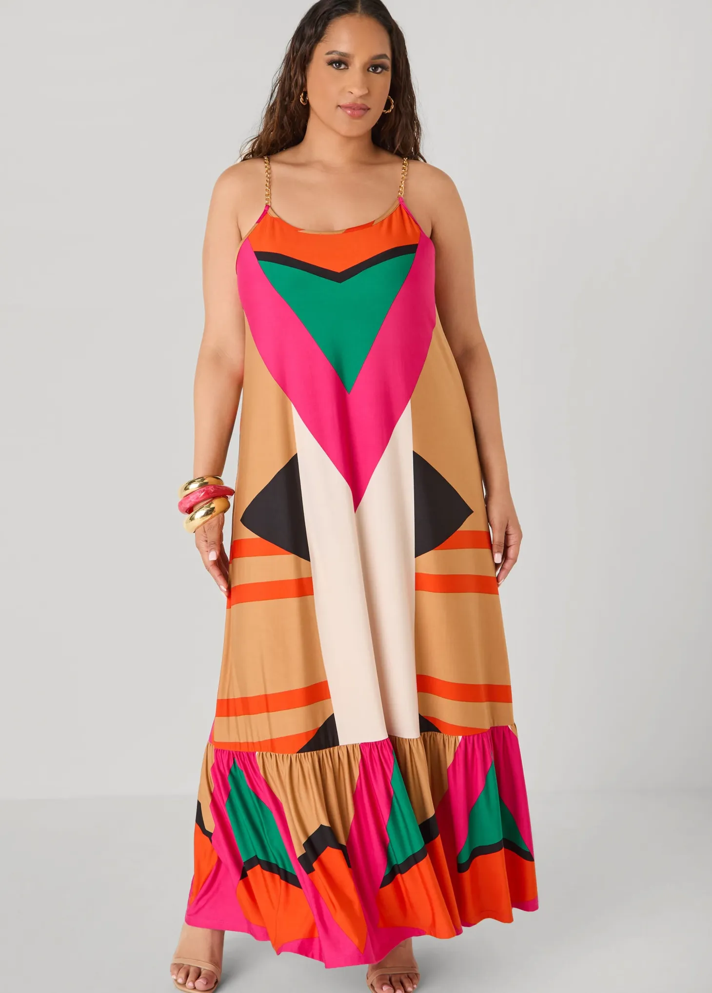 Chain Trimmed Geo Print Maxi Dress