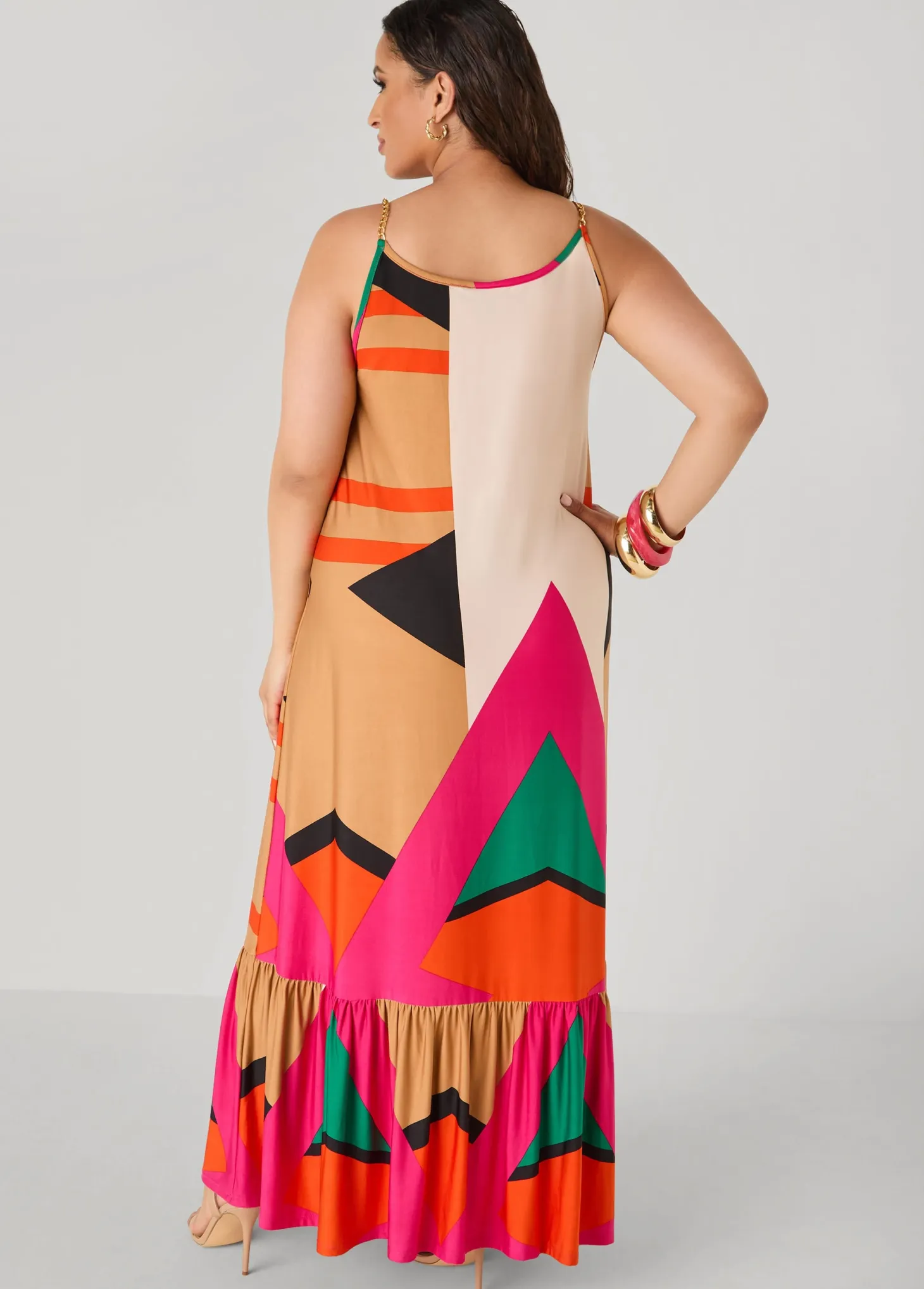Chain Trimmed Geo Print Maxi Dress