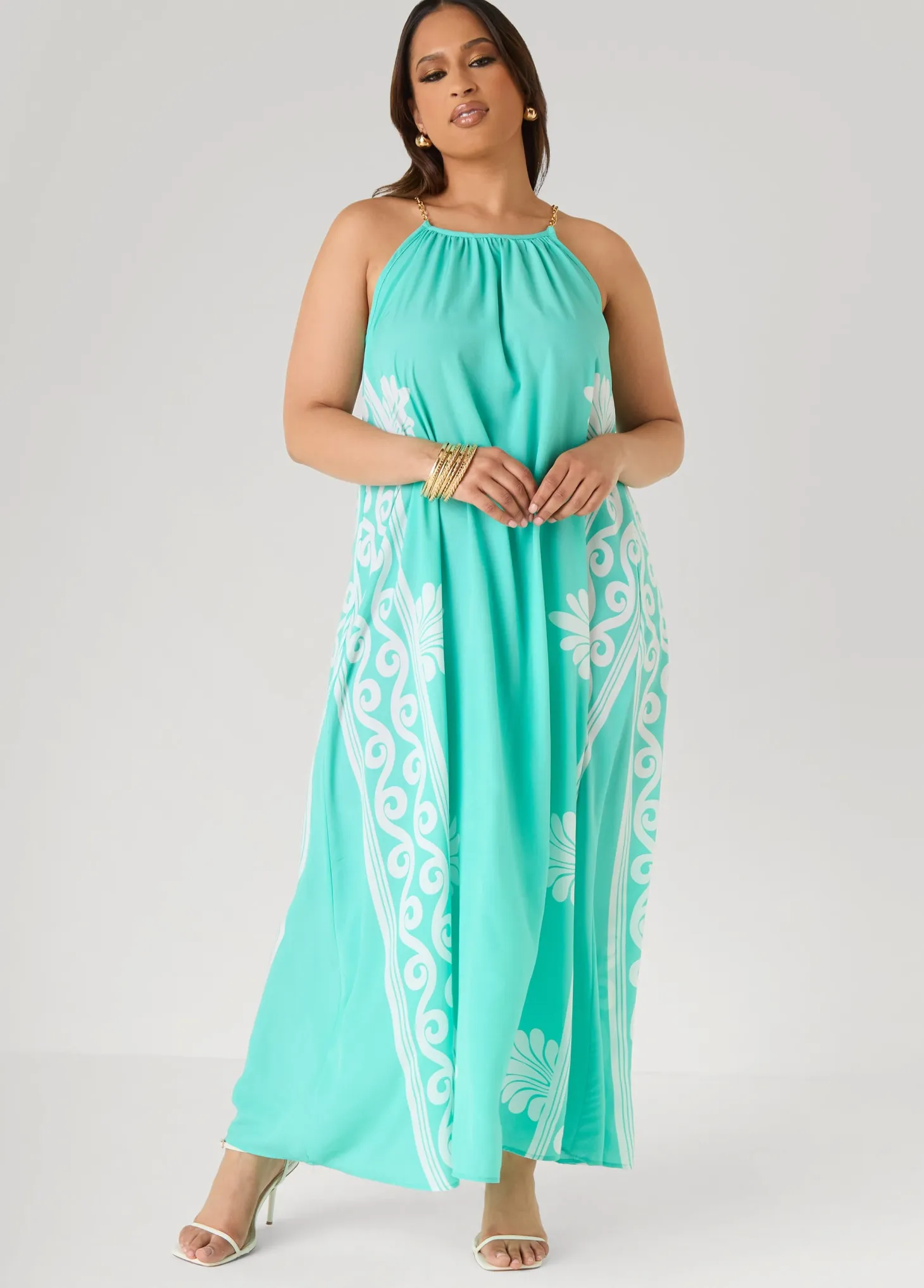 Chain Trimmed Scroll Print Dress