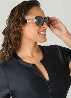Chain Trim Round Frame Sunglasses