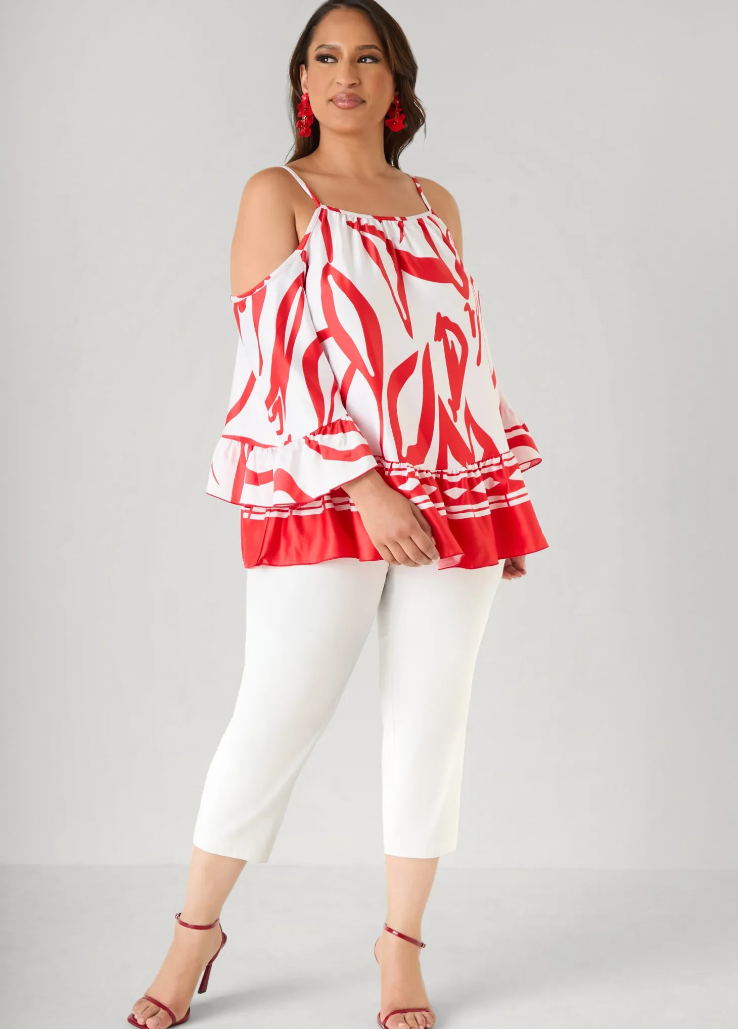 Cold Shoulder Printed Satin Blouse