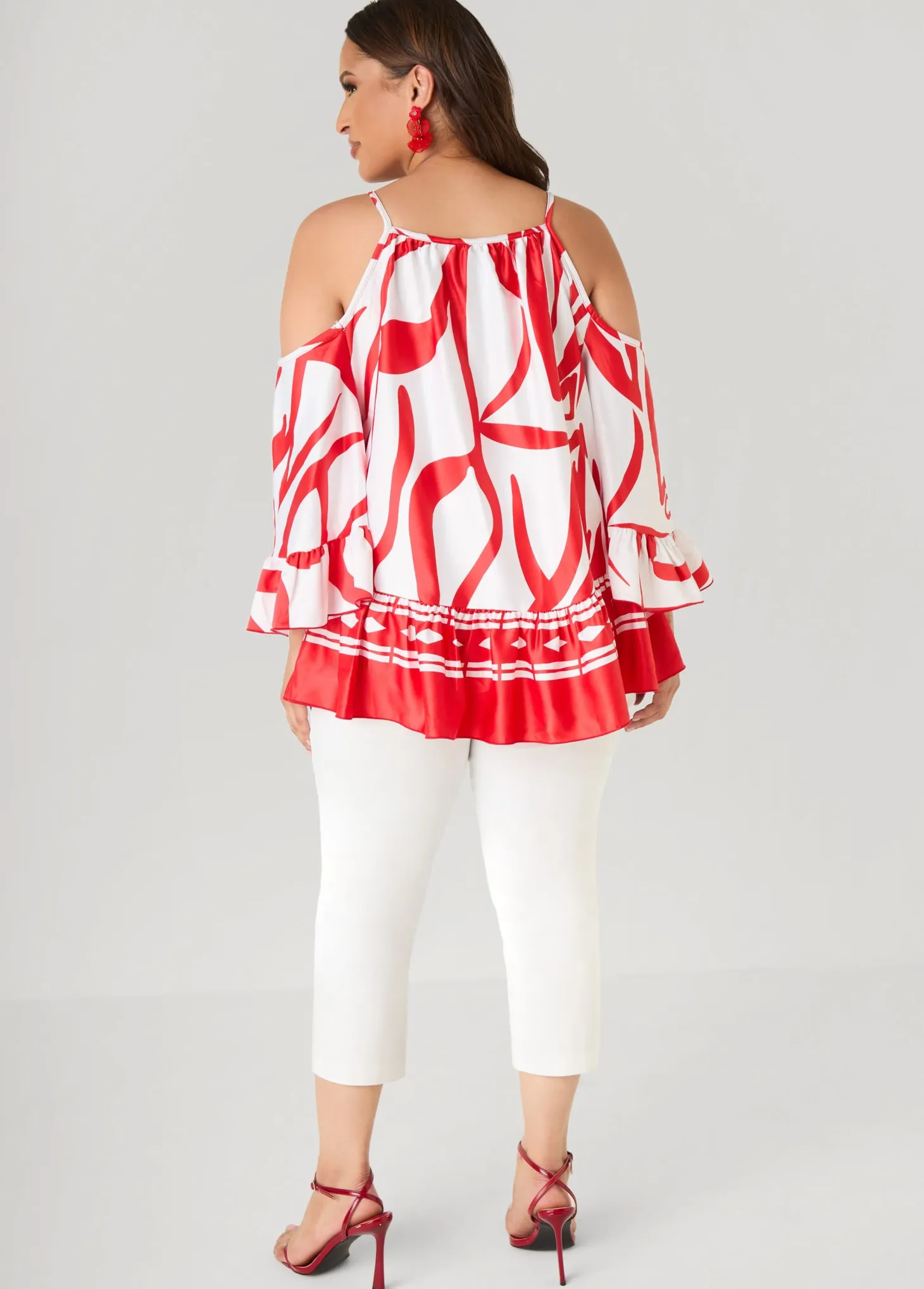 Cold Shoulder Printed Satin Blouse