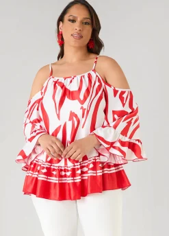 Cold Shoulder Printed Satin Blouse