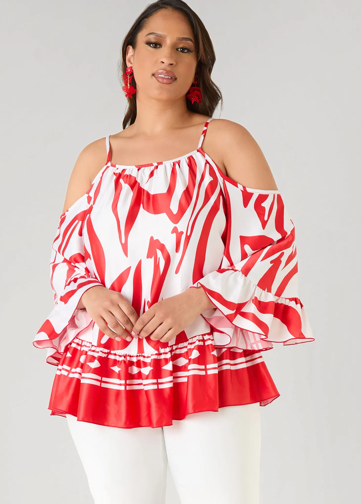 Cold Shoulder Printed Satin Blouse
