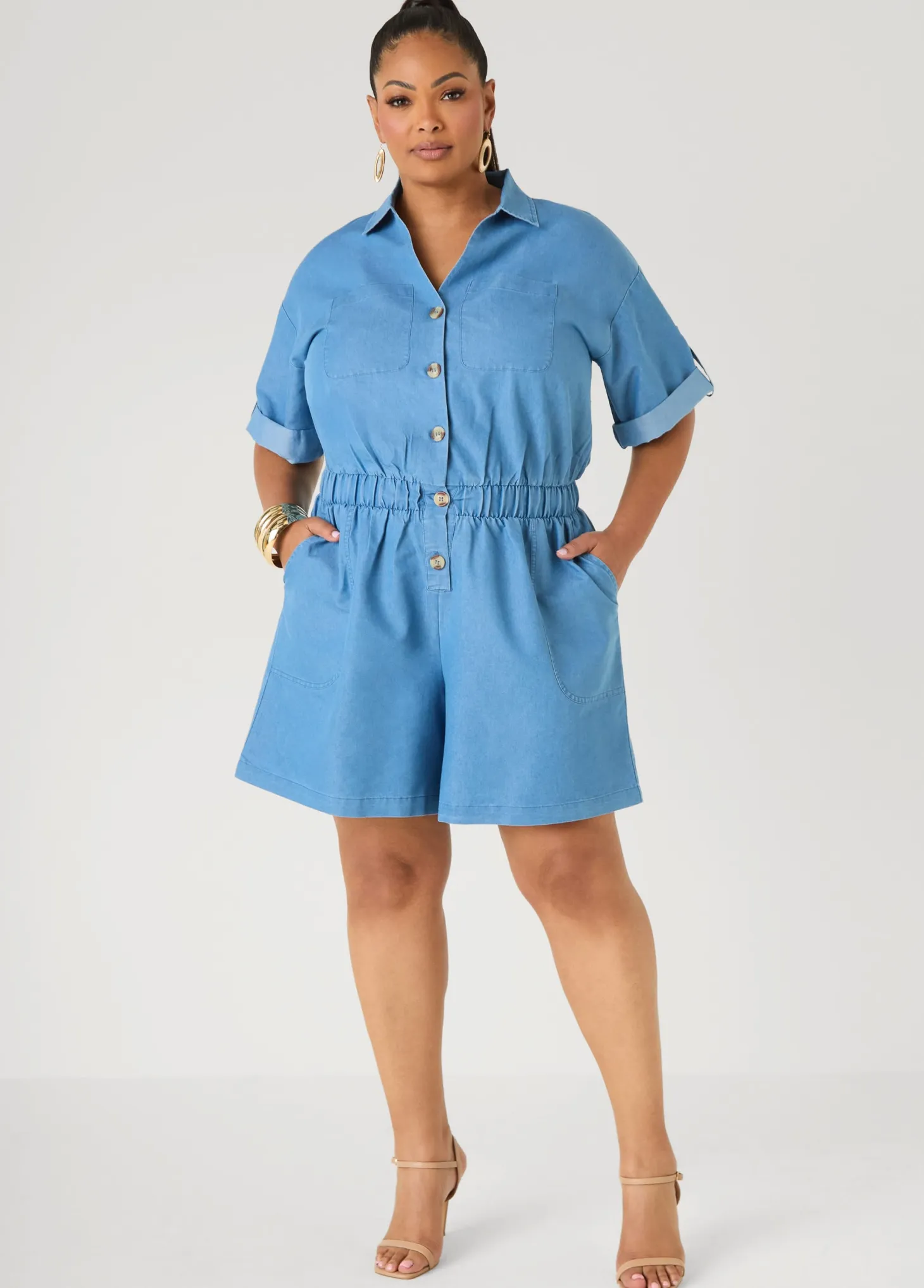 Cuffed Chambray Romper