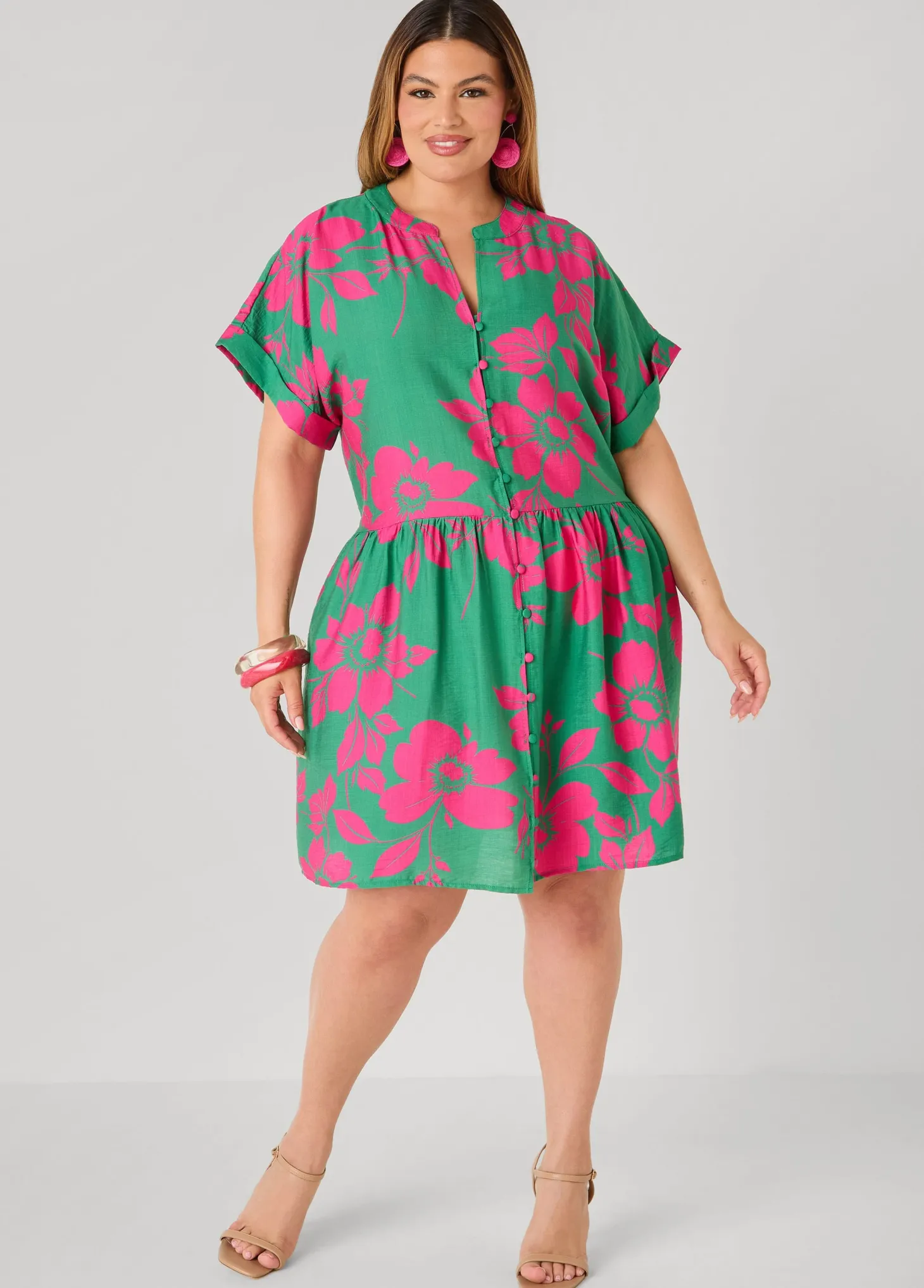 Cuffed Floral Babydoll Dress