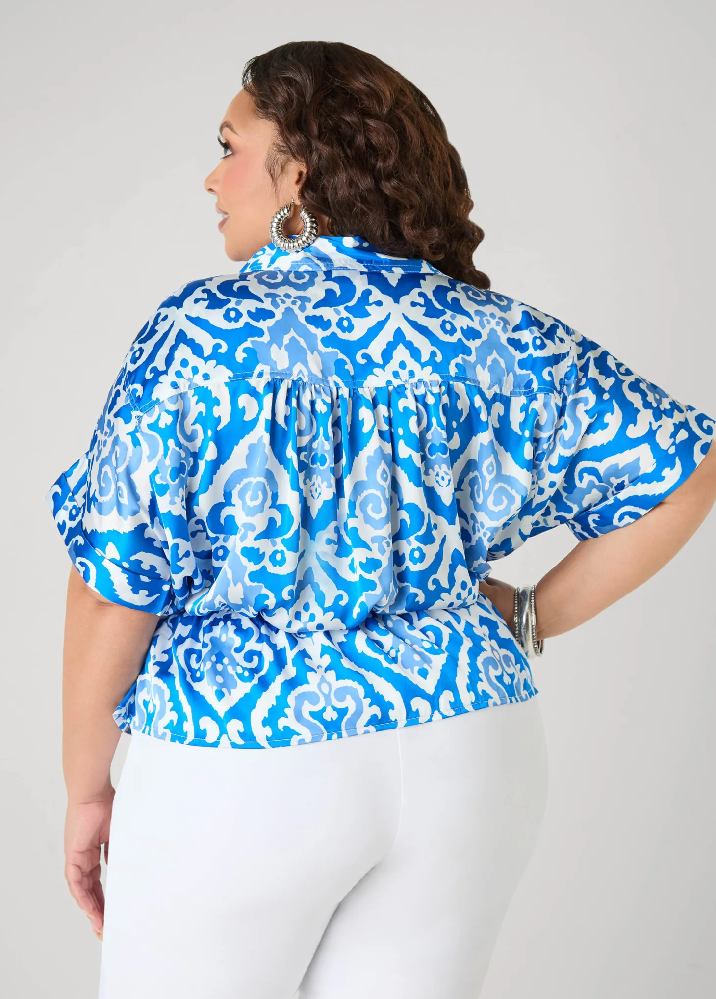 Cuffed Printed Satin Blouse