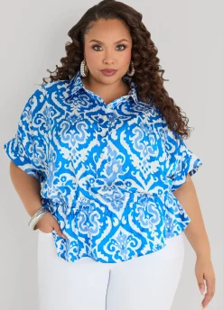 Cuffed Printed Satin Blouse