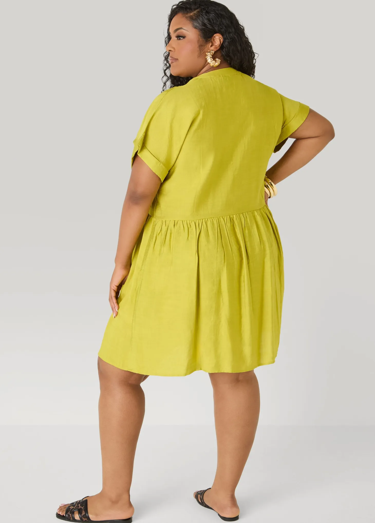 Cuffed V Neck Babydoll Dress