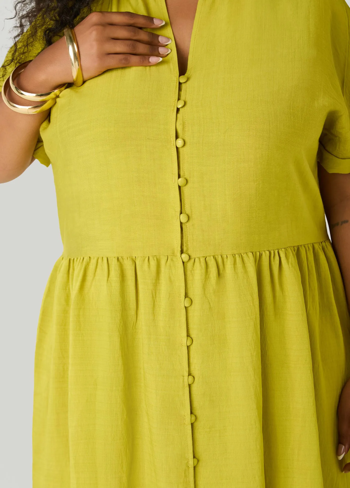 Cuffed V Neck Babydoll Dress