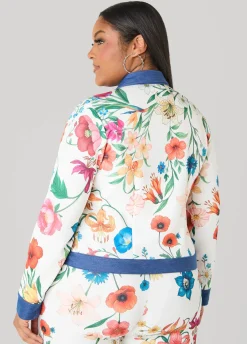 Denim Trimmed Floral Print Jacket