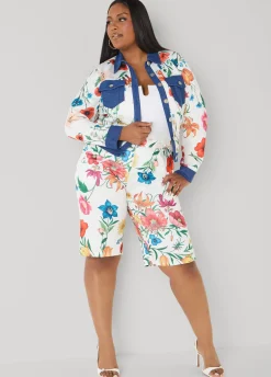 Denim Trimmed Floral Print Jacket