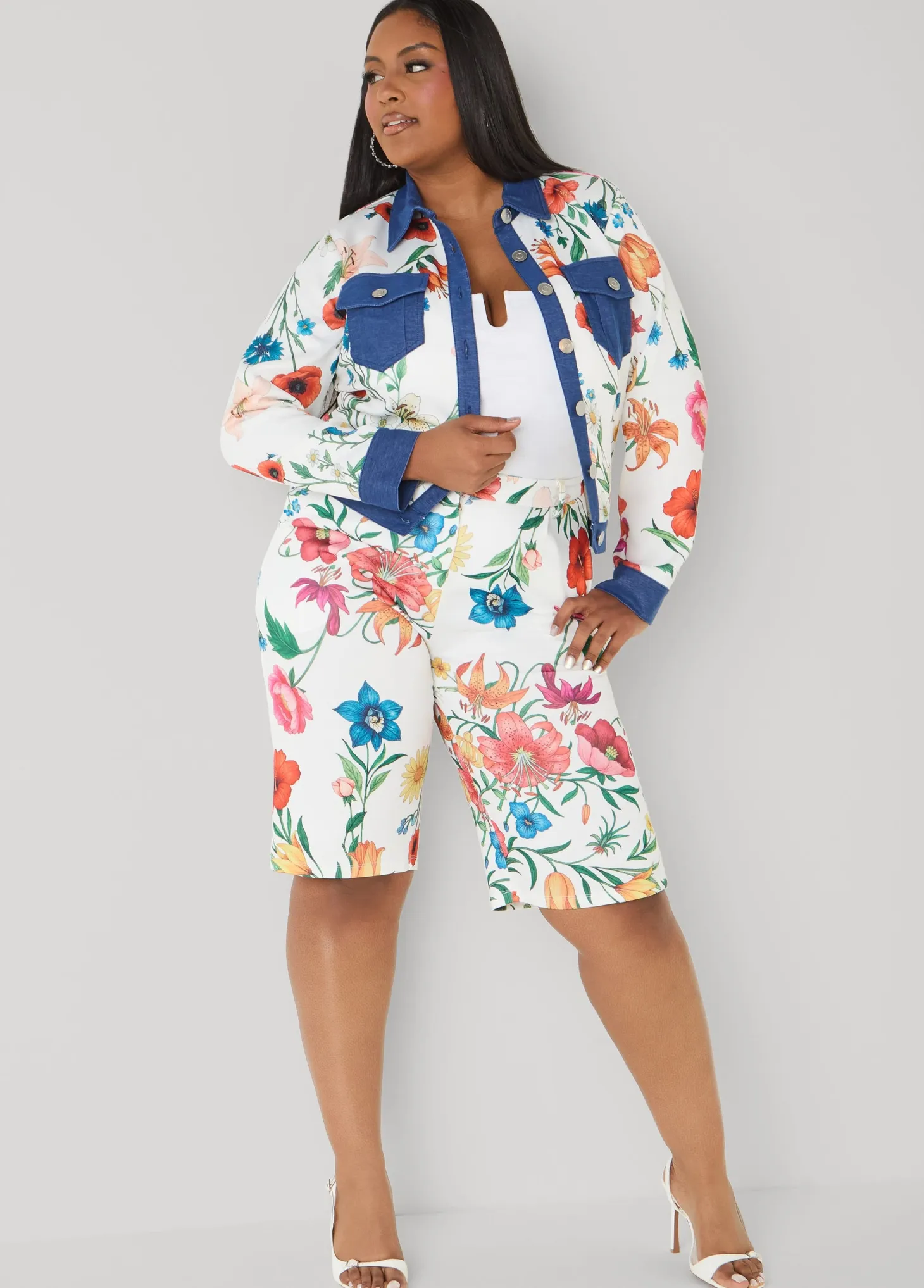 Denim Trimmed Floral Print Jacket