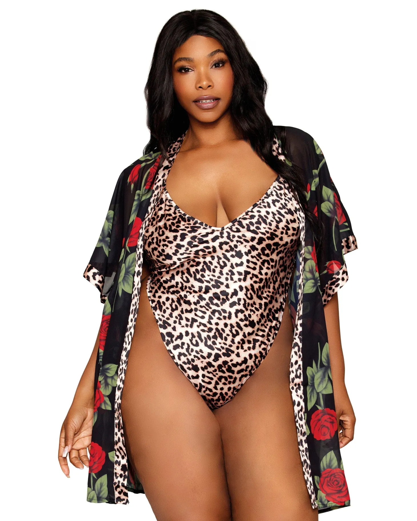 Dreamgirl Rose Robe And Leopard Teddy Set