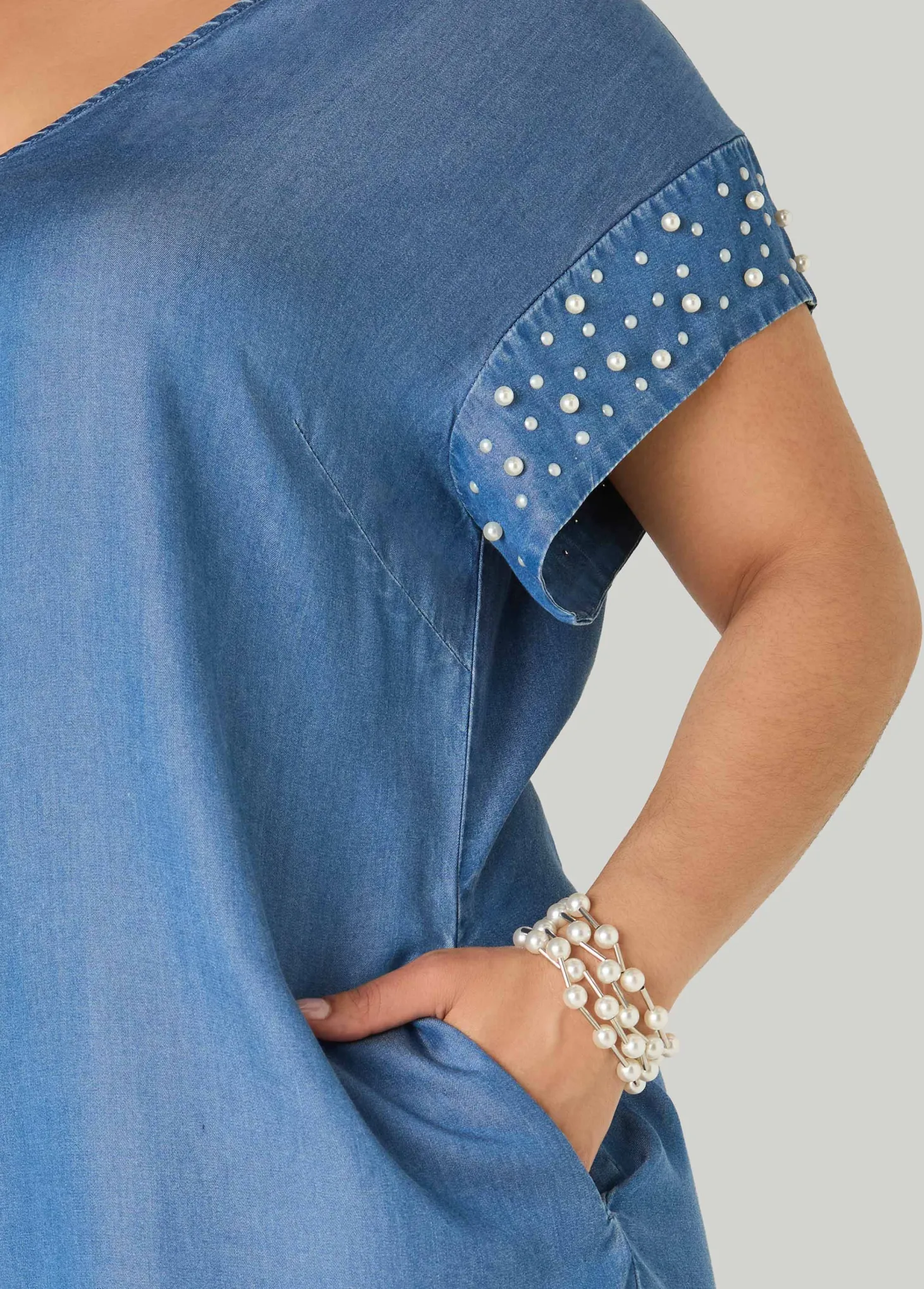 Faux Pearl Chambray Dress