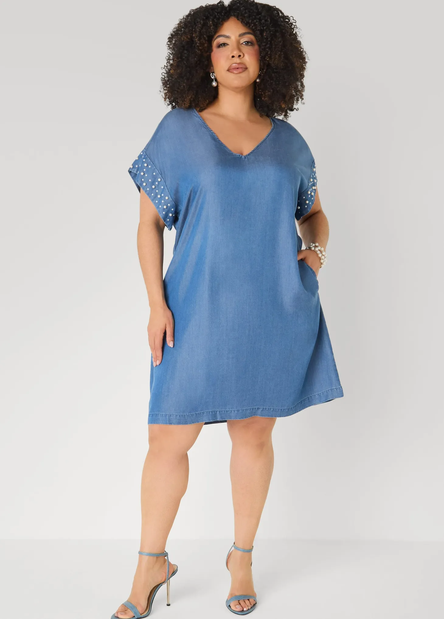 Faux Pearl Chambray Dress