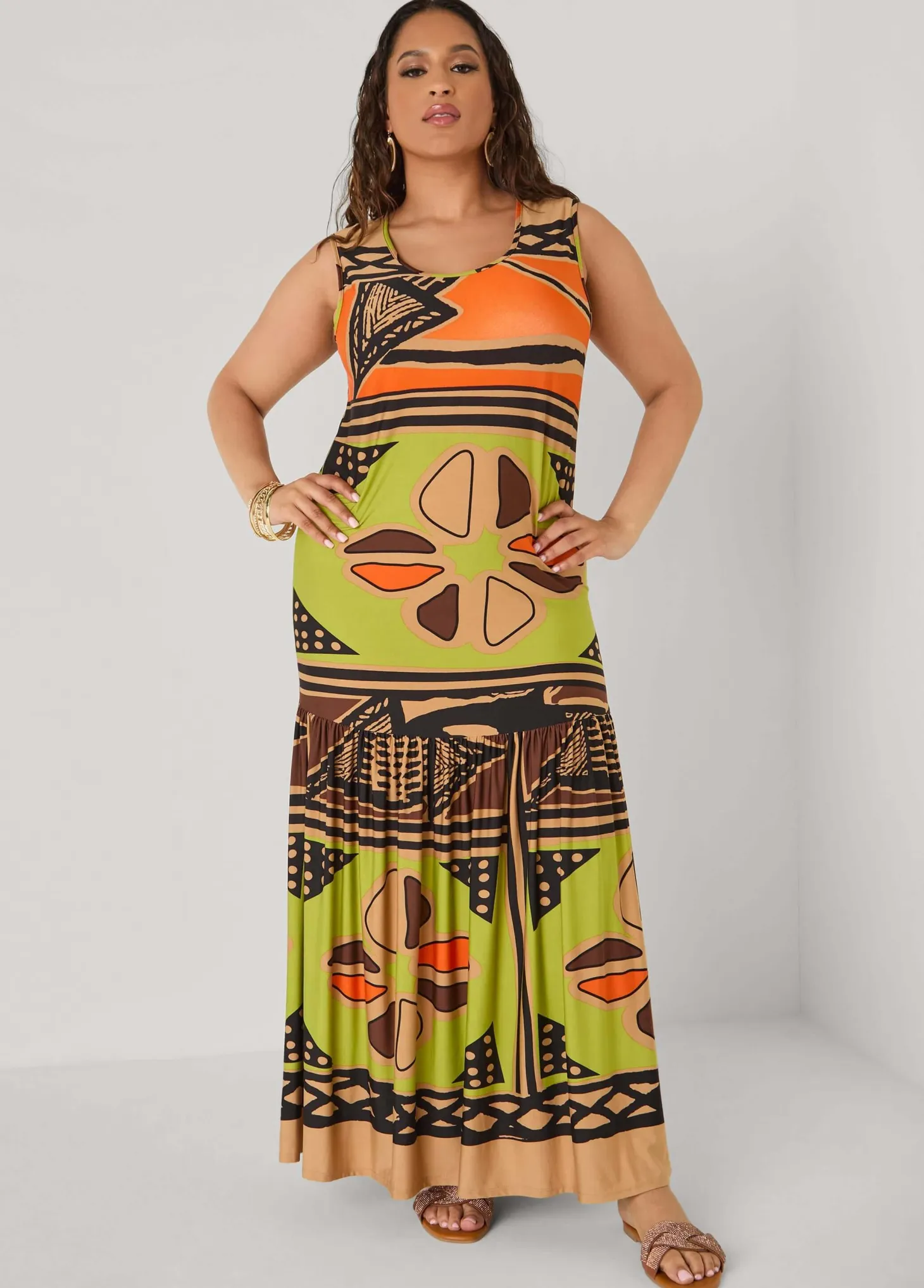 Flounced Abstract Print Maxi Dress