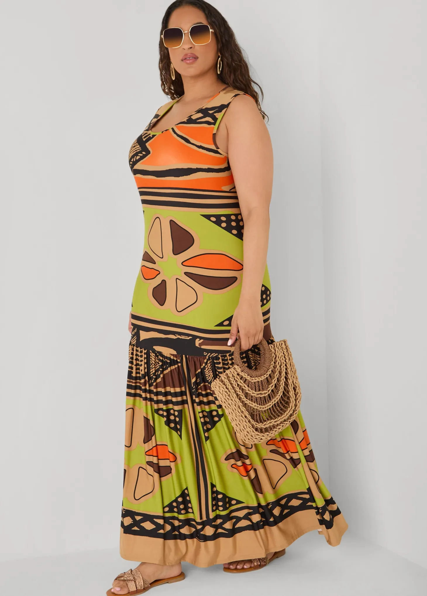 Flounced Abstract Print Maxi Dress
