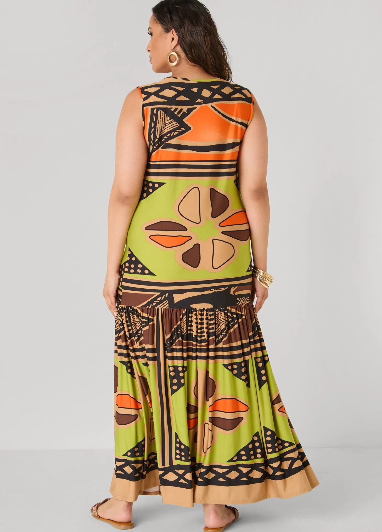 Flounced Abstract Print Maxi Dress