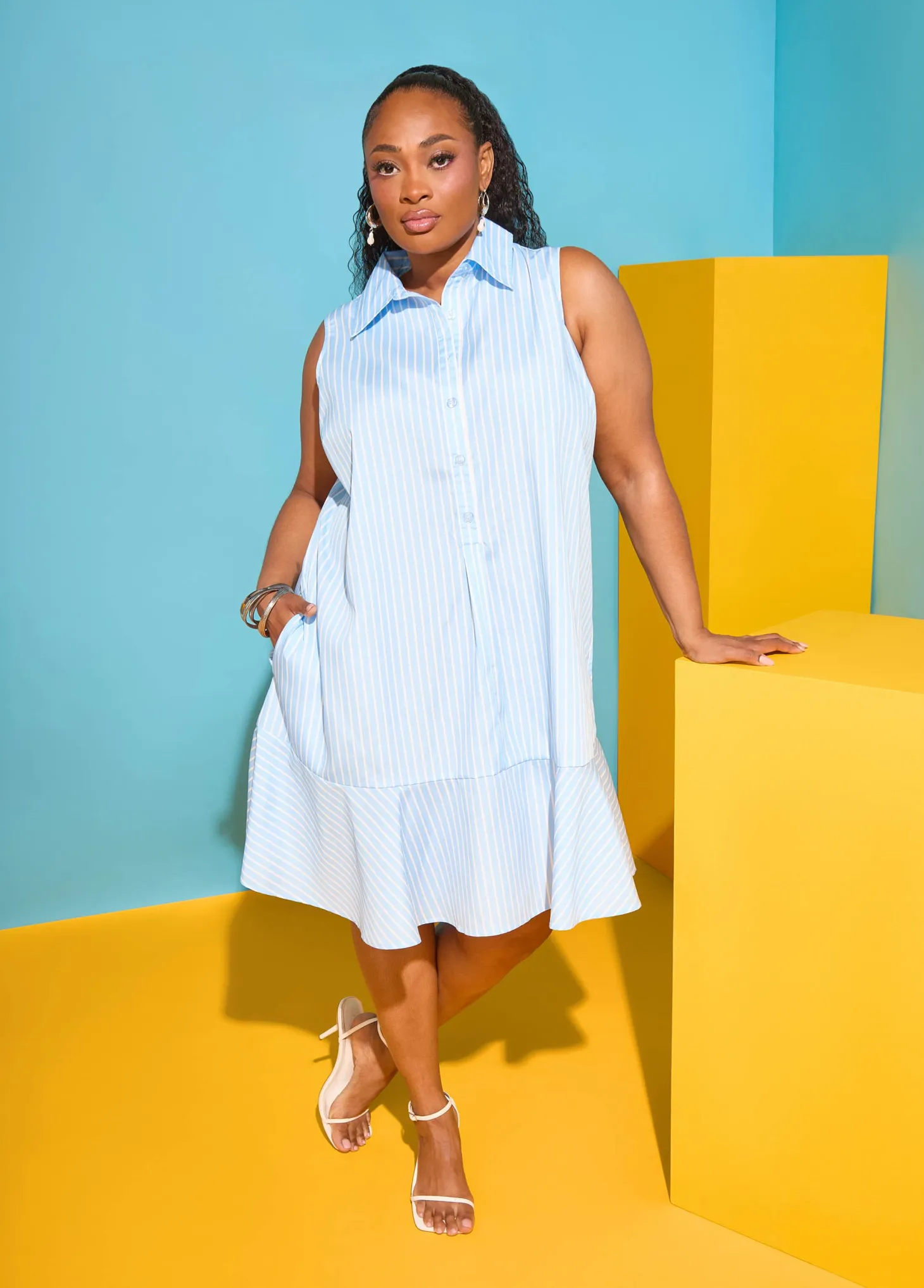 Flounced Striped Shirtdress