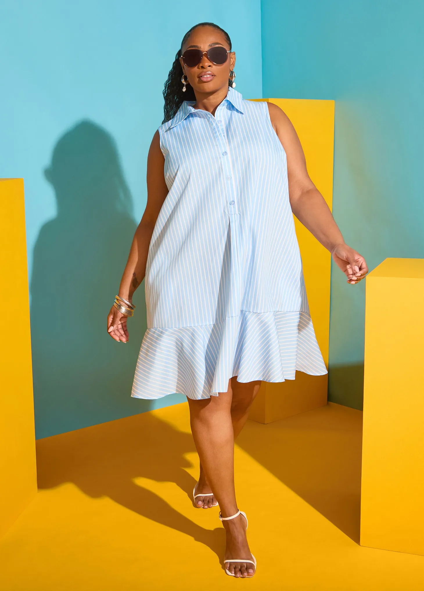 Flounced Striped Shirtdress