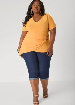 Gathered Embellished V Neck Top