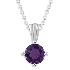 Gemstone Necklace in Sterling Silver, Round Pendant Size 6.5 * 6.5mm, 15" Cable Chain with 2" Extender, Gift Box Included - Apr, White Zircon