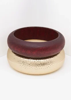 Hammered Gold And Wood Bangle Set
