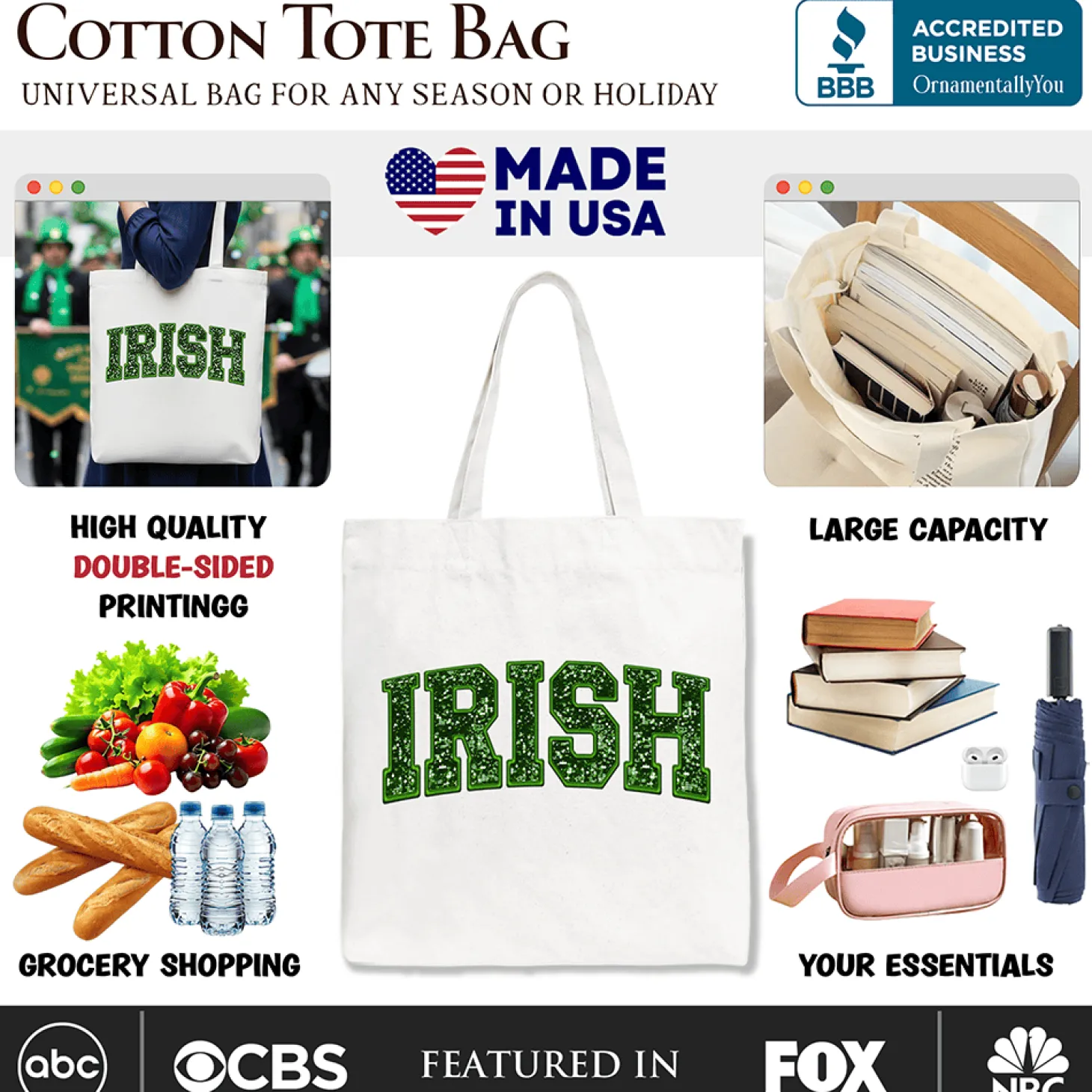 Irish Sequined Canvas Tote Bag