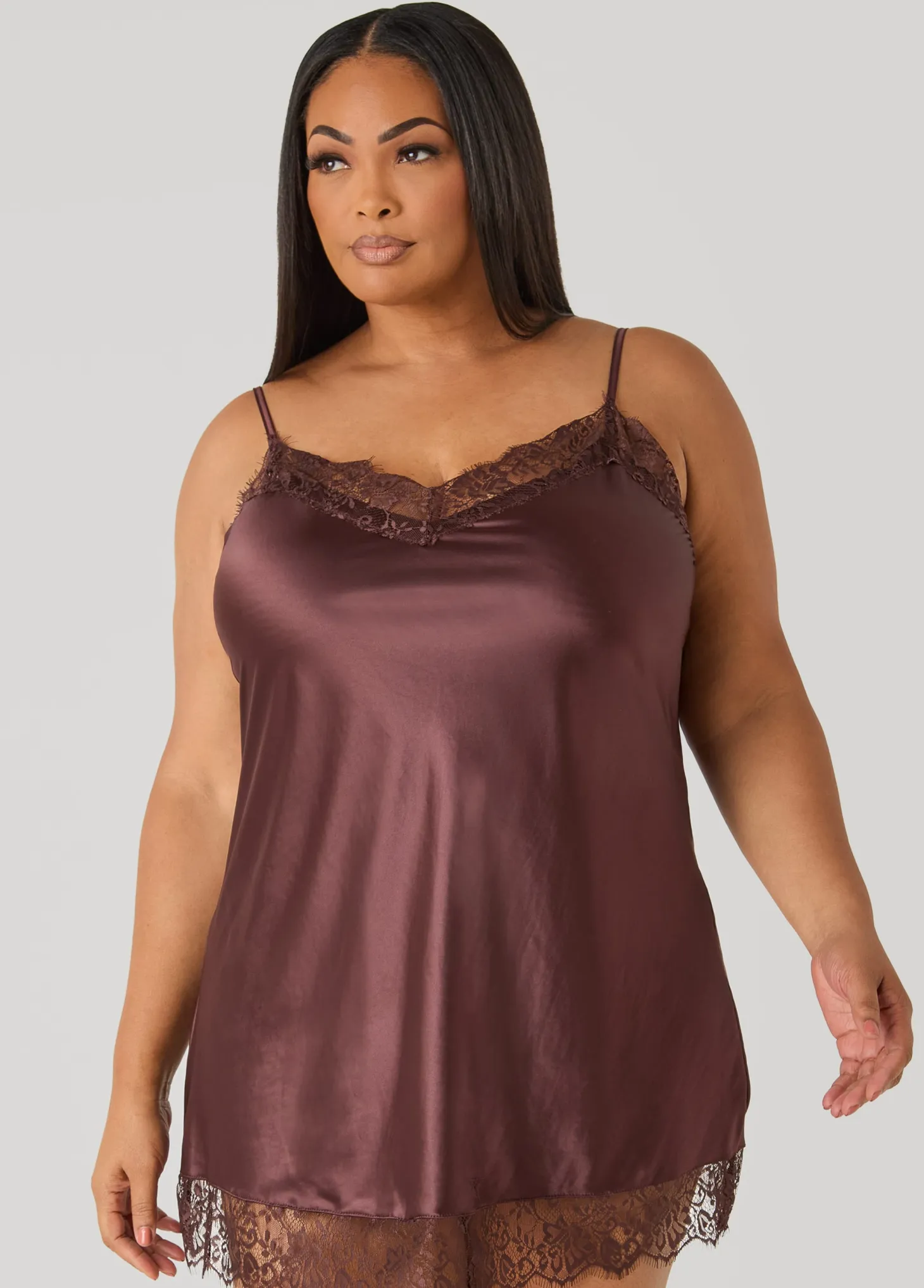 Lace Trimmed Satin Chemise Set