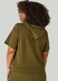 Leopard Trimmed Textured Hoodie