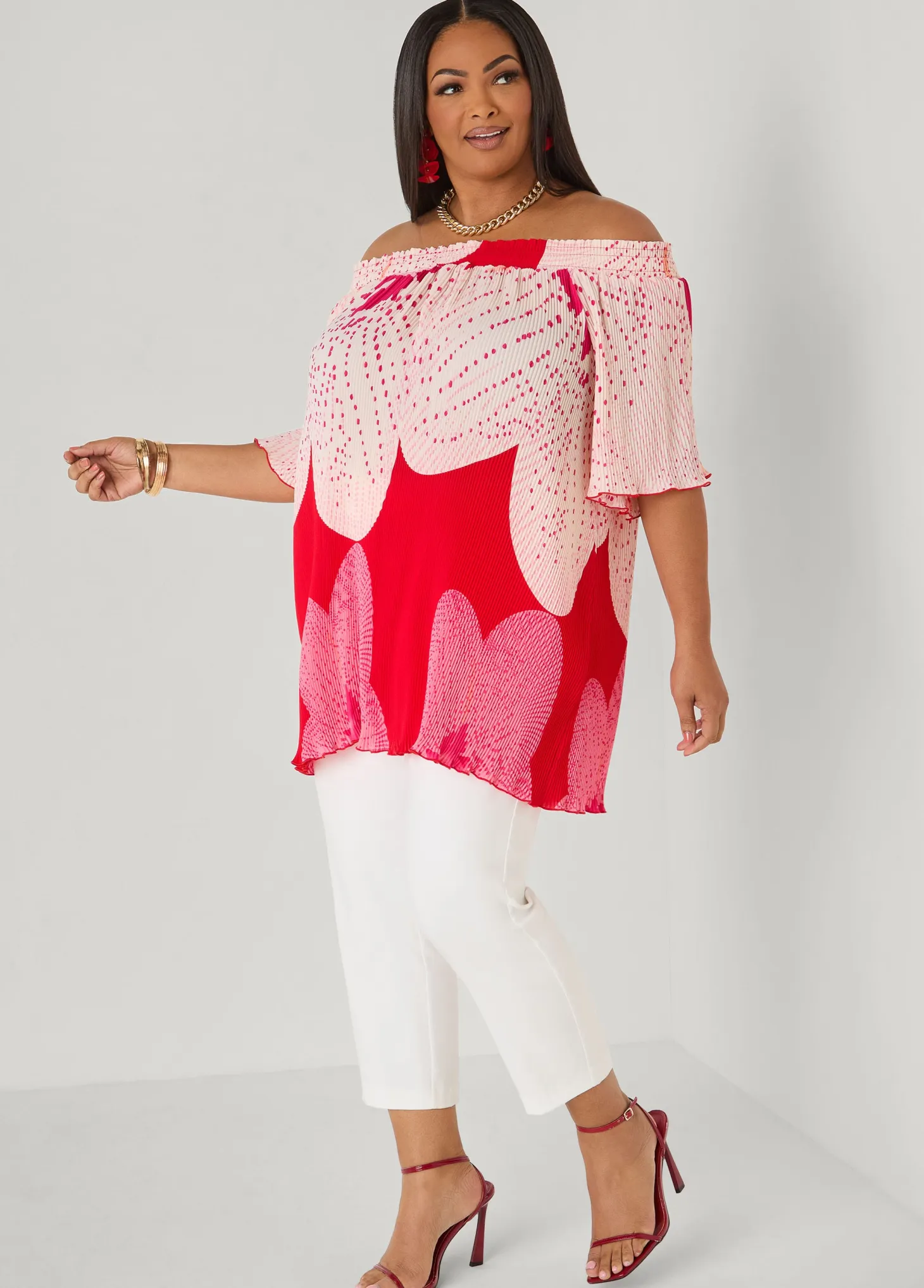 Off The Shoulder Floral Plisse Top
