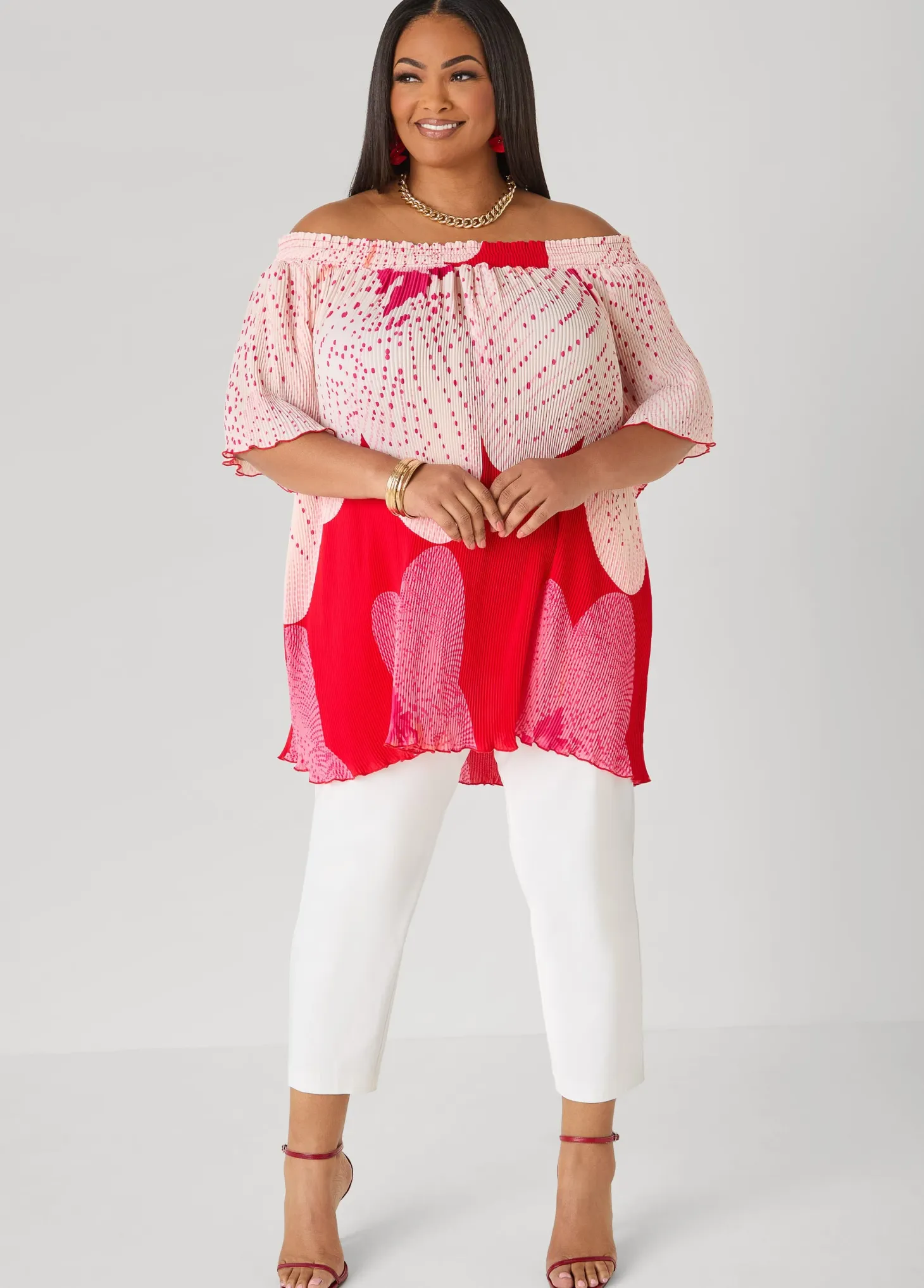 Off The Shoulder Floral Plisse Top