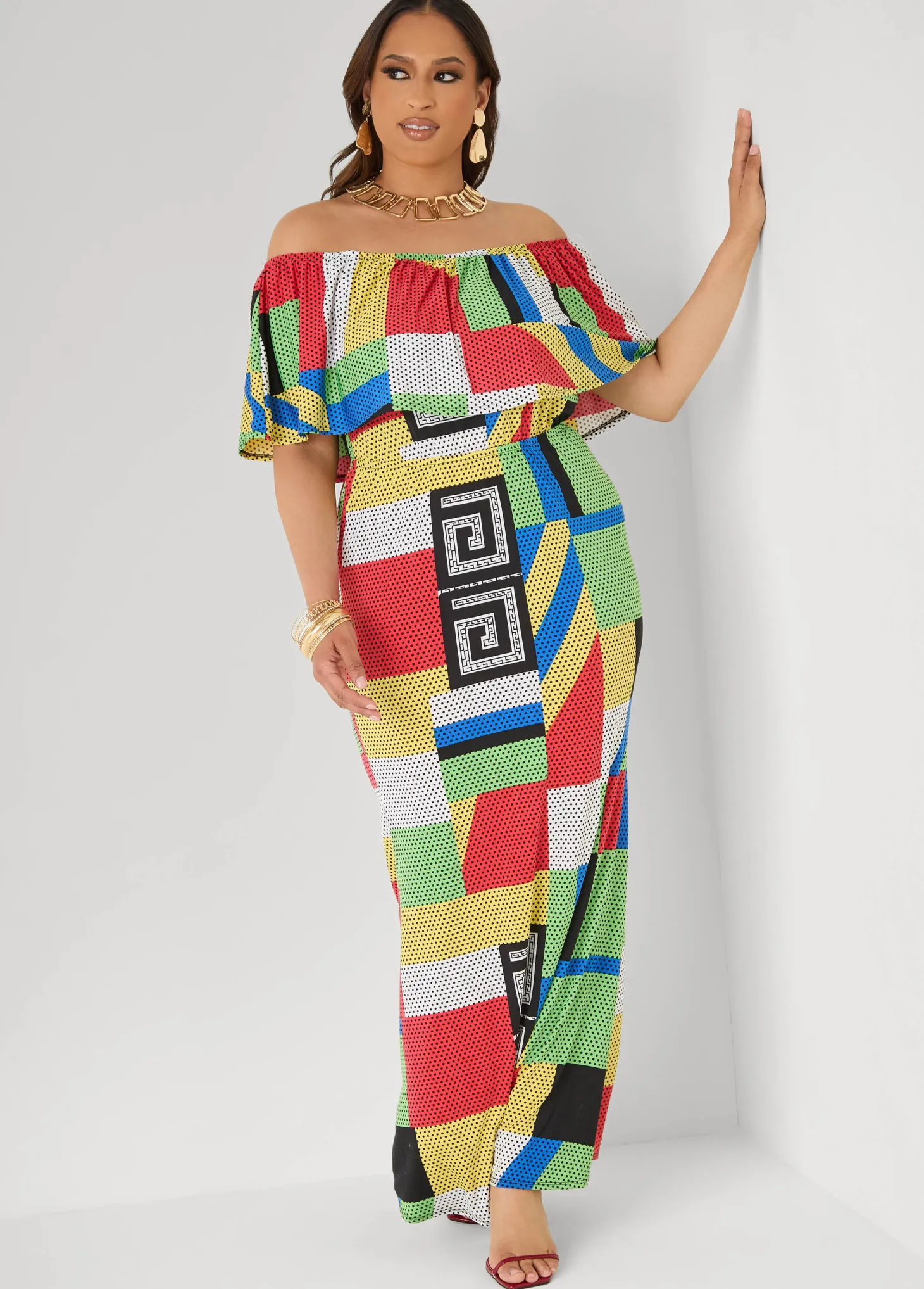 Off The Shoulder Geo Maxi Dress