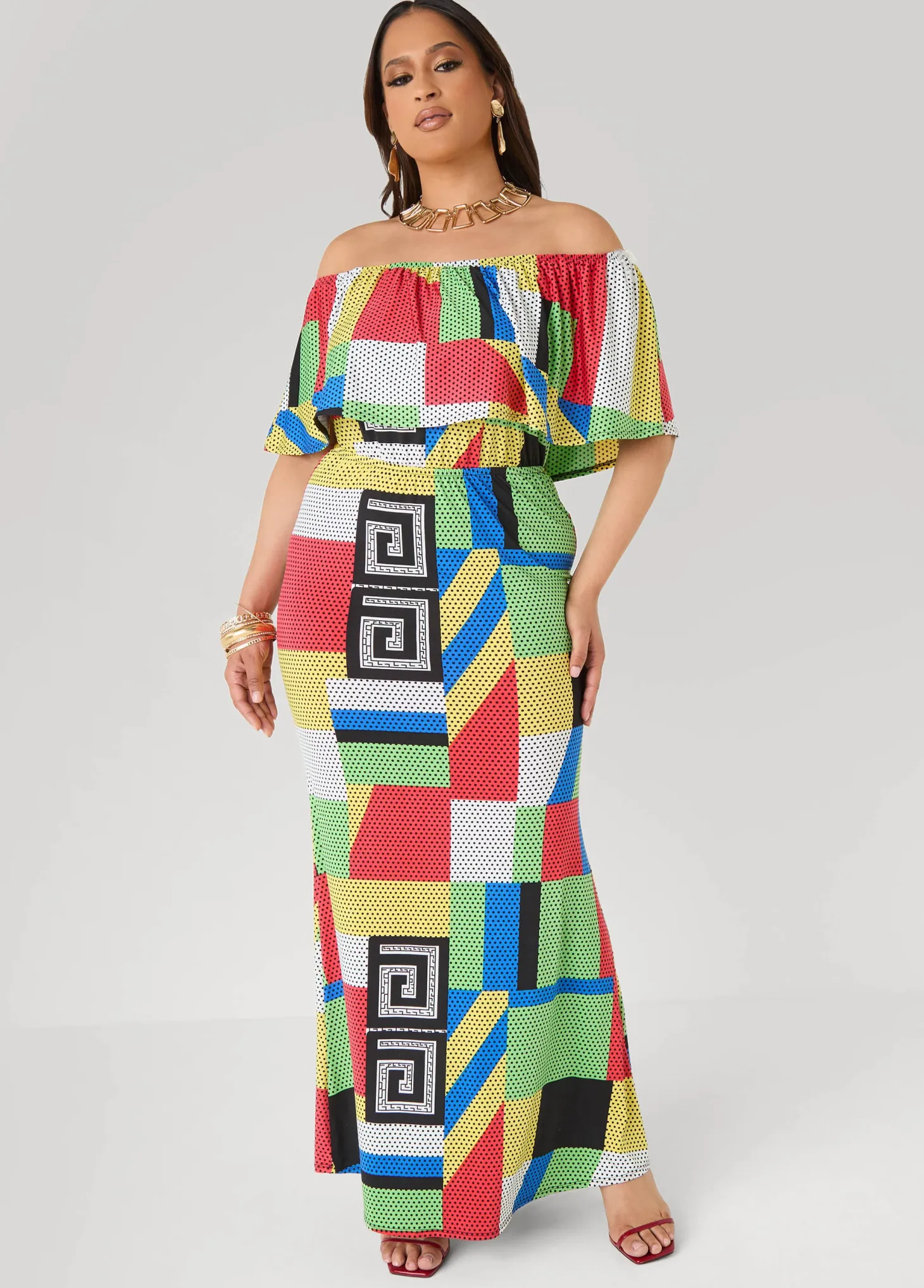 Off The Shoulder Geo Maxi Dress
