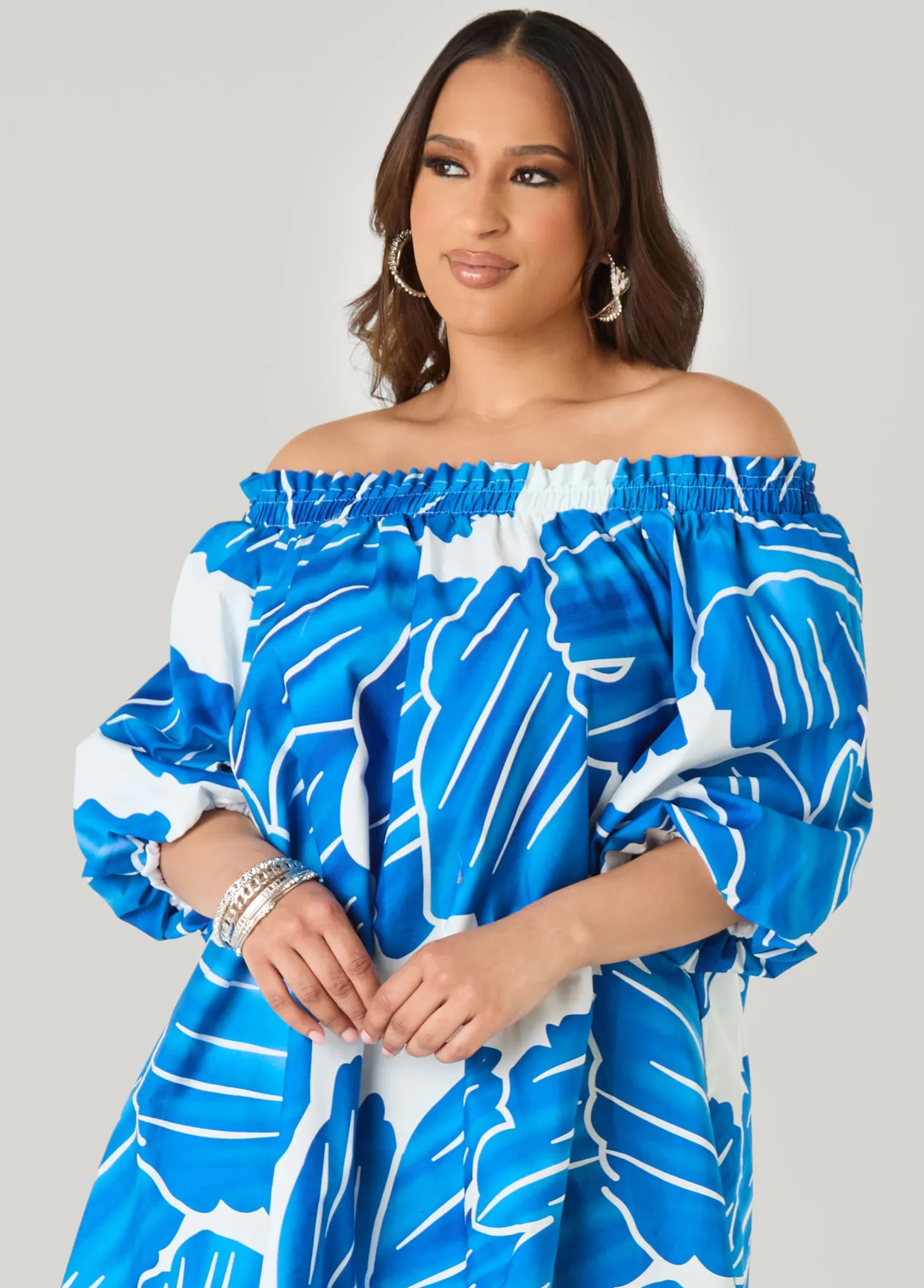 Off The Shoulder Leaf Print Dress