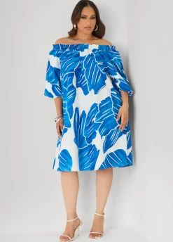 Off The Shoulder Leaf Print Dress