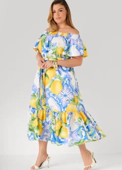 Off The Shoulder Lemon Print Dress