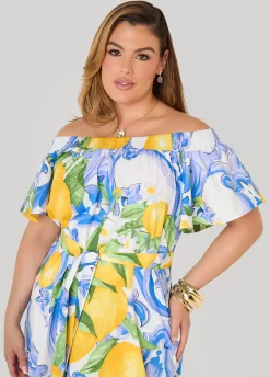 Off The Shoulder Lemon Print Dress