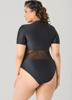 Paneled Zip Front Swimsuit