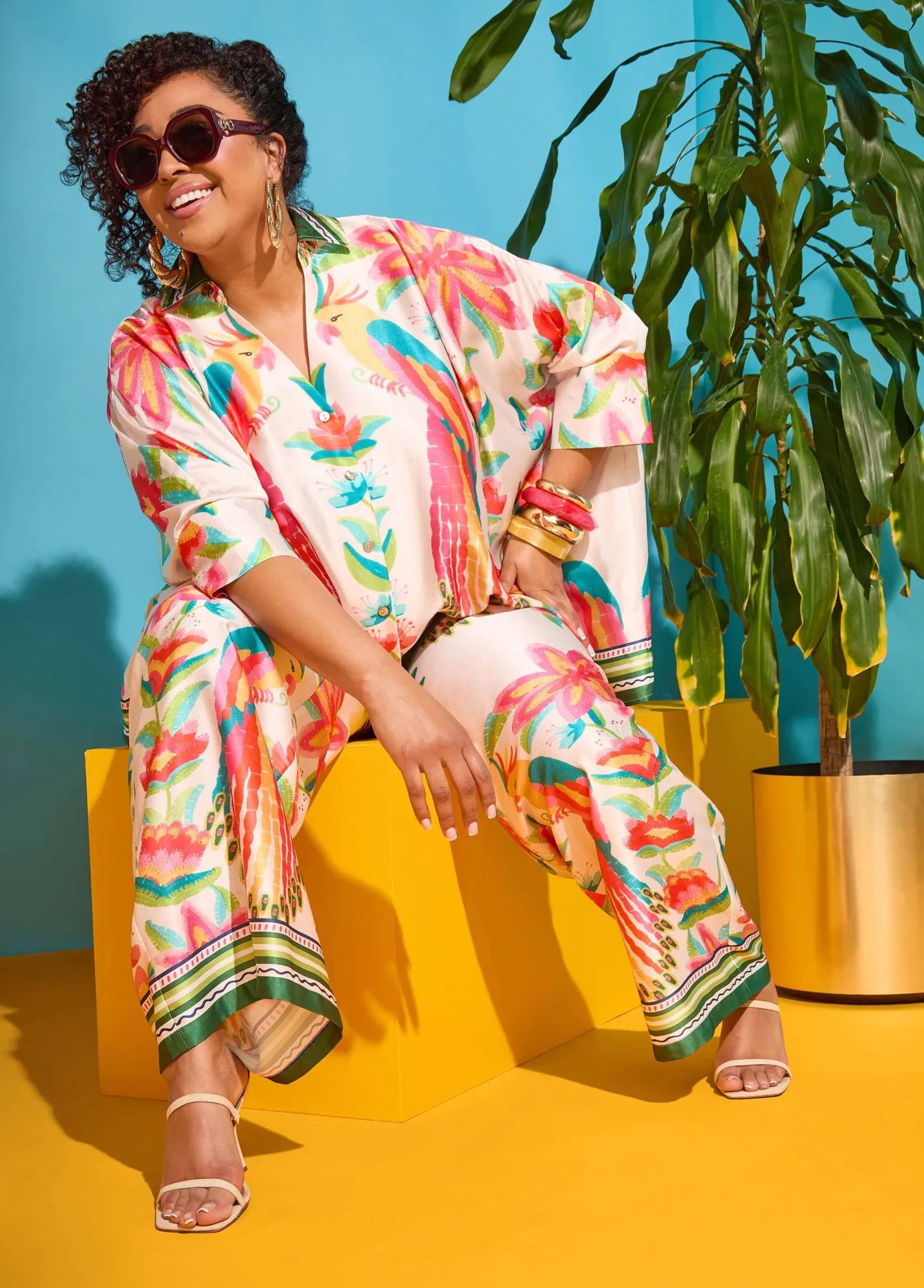 Parrot Print Satin Wide Leg Pants