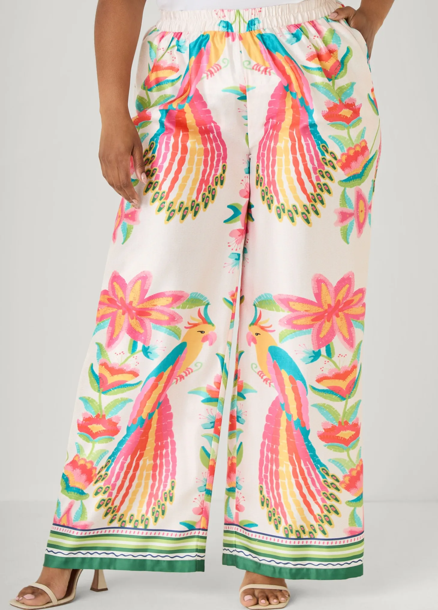 Parrot Print Satin Wide Leg Pants