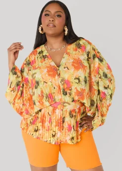 Pleated Floral Print Blouse