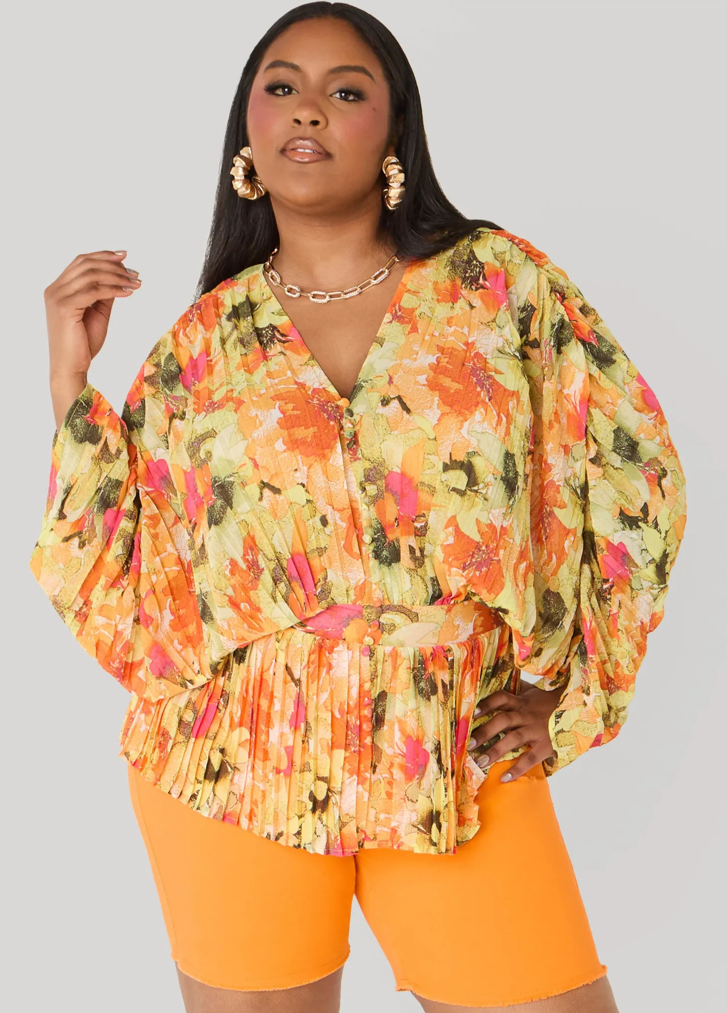 Pleated Floral Print Blouse