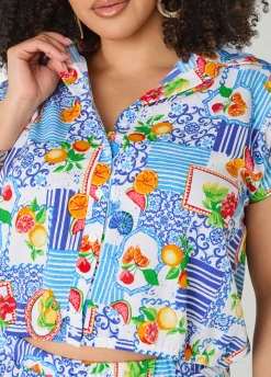 Printed Button Front Cropped Shirt
